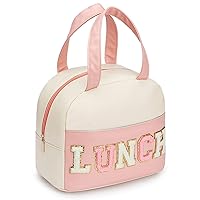 Lunch Bag for Women Insulated Lunch Bag For Men PU leather Small Lunch Bag for Office Work lunch Bag with Chenille Letters Leakproof Freezable Cooler Bag Reusable Portable Lunch Box (White&Pink)