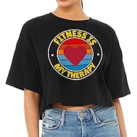 Fitness is My Therapy Women's Crop Tee Shirt - Retro Design Cropped T-Shirt - Themed Crop Top