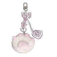 Key Chain Heart Shaped Ribbon Keyring Pendant Plush Cat Paw Keychain Ornament Accessory for Women and Girls