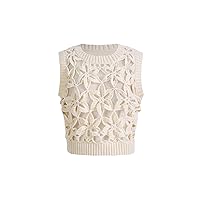 Verdusa Women's Floral Knit Crop Tank Top Round Neck Sleeveless Sweater Vest Pullovers