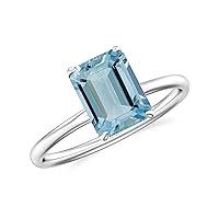 Natural Aquamarine Emerald Cut Ring for Women Girls in Sterling Silver / 14K Solid Gold/Platinum