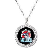 American Welder Diamond Necklace Round Pendant Jewelry Gold Sliver Chains with Cute Graphic for Men Women