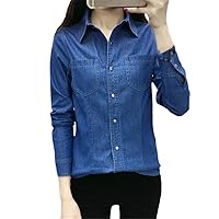 Slim Casual Denim Shirts, Long Sleeve Elegant Blouse, Single Button Down Shirt for Women, Korean Jeans Blusas