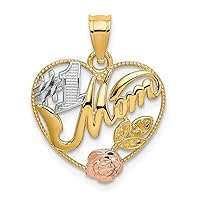 16mm 14k Two tone Gold Number 1 Mom In Love Heart Pendant Necklace With Pink Flower Tri color/High Polish Jewelry for Women