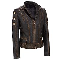 LP-FACON Womens Vintage Biker Cafe Racer Punk Star Motorcycle Distressed Leather Jacket
