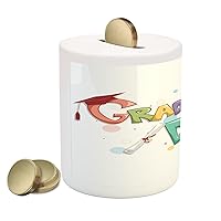 Lunarable Graduation Piggy Bank, Celebration Words with Colorful Circles Diploma Ceremony Style Illustration, Printed Ceramic Coin Bank Money Box for Cash Saving, Multicolor