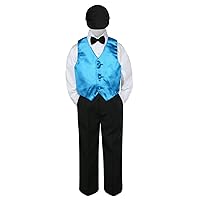 5pc Baby Toddler Kid Boys Black Pants Hat Bow Tie Turquoise Vest Suits Set (6)