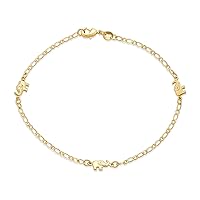 Dainty Three Multi Charm Lucky Elephant Anklet Ankle Bracelet For Women Teens 18K Gold Plated Brass 9.5 Inch Made In Brazil
