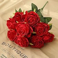 Artificial Roses Flowers 10 Heads Arrangement Silk Bouquet Glorious Moral for Home Office Parties and Wedding Decoration (Red)