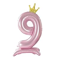 Tellpet Crown Pink Number 9 Balloon with Base For Girls 9th Birthday Party Decoration