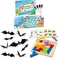 Pencil Control Tracing Workbook+60PCS Halloween Bats Decoration+Wooden Puzzle Blocks