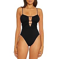 BECCA Women's Standard Color Code Shirred One Piece Swimsuit, Plunge Neck, Bathing Suits