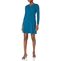 Donna Morgan Women's Long Sleeve Fit and Flare Crepe U-Ring Trim Dress Workwear Career Office Event Guest of, Retro Blue