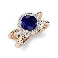 Round Lab Created Blue Sapphire Diamond 4 1/2 ctw Womens Twisted Rope Cross Split Shank Halo Engagement Ring 14K Gold