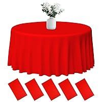 PLULON 5Pcs Round Plastic Tablecloths Red Table Cover 84 inch Waterproof Tablecloth Circle Tablecloth Bulk for Birthday Party Wedding Picnic Home Dining Table Decorations