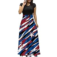 Womens 4th of July Dress Casual O-Neck Short Sleeves Maxi Dresses USA Outfit Memorial Day Printed Dresses