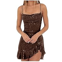Sequin Cami Dress Women Sexy Sleeveless Low Cut Strap Mini Dresses Ruched Sparkly Bodycon Sundress Irregular Ruffle Hem Gowns