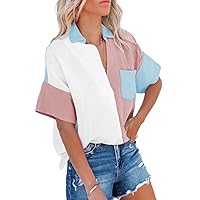 Dokotoo Womens Casual V Neck Short Sleeve Shirts Color Block Back Button Down Blouses Tops