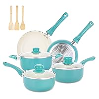 Pots and Pans Set Nonstick, 11pcs Kitchen Cookware Sets Induction Cookware, Ceramic Non Stick Cooking Set, Stay Cool Handle & Bamboo Kitchen Utensils, 100% PFOA Free, Turquoise