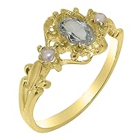 10k Yellow Gold Natural Aquamarine & Cultured Pearl Womens Trilogy Ring - Sizes 4 to 12 Available
