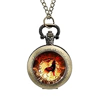 Flaming Wolf Howing Moon Custom Pocket Watch Vintage Quartz Watches with Chain Birthday Gift for Women Men