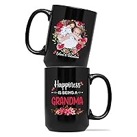 Floral Happiness Is Being A Grandma Coffee Cup, Custom Name Grandma Ceramic Mug, Gift for Grandmother, Personalized Floral Tea Mug for Grandma, Women Gifts, Black Cup 11oz or 15oz