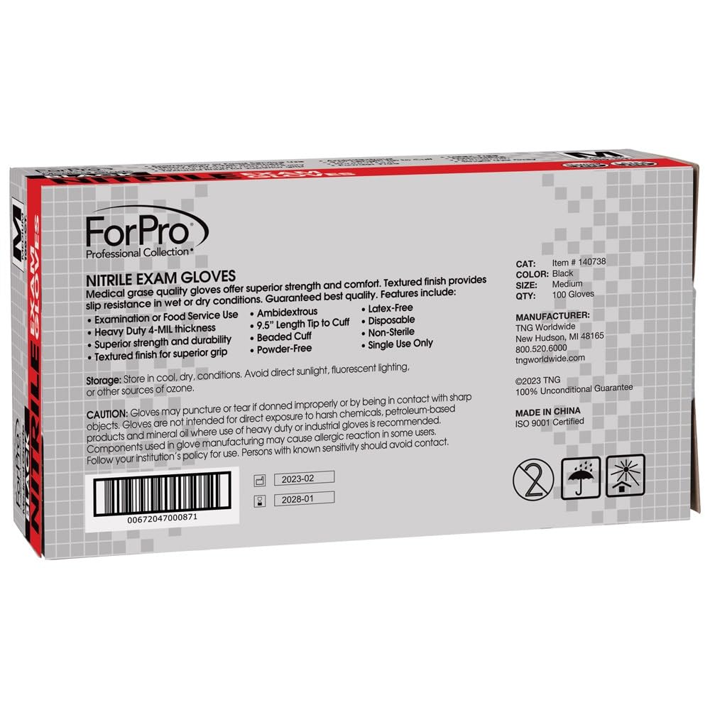 ForPro Disposable Nitrile Exam Gloves, Medical Grade, 4 Mil Extra Protection, Powder-Free, Latex-Free, Non-Sterile, Food Safe, Black, Medium, 100-Count