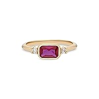 14k Solid Gold Ruby Ring | Emerald Cut Red Ruby Gemstone Ring for Women | Natural 3 Stone Ruby Diamond Ring | July Birthstone | Promise Ring