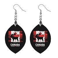 Canada Maple And Moose Flag Printed Earrings Wooden Boho Vintage Pendant Dangle Apricot Shaped Earrings for Women