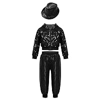 YiZYiF Kids Boys Girls Hip Hop Jazz Dance Disco Costume Sequins Hooded Jacket Pants Hat Christmas Performance Outfit Set Black 5-6 Years