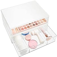 STORi Sofia Plastic Stackable Organizer Drawers (Set of 2) White with Clear Drawers for Makeup | 12.5-inches Wide | Set Includes One Open Drawer & One 3-compartment Drawer | Made in USA