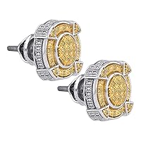 The Diamond Deal Sterling Silver Mens Round Yellow Color Enhanced Diamond Cluster Earrings 1/8 Cttw