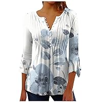 Flowy Tunic Tops for Women Casual 3/4 Sleeve Blouses Fashion V Neck Button Pleated T-Shirts Loose Casual Printed Tees