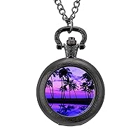 Palm Tree Pocket Watch with Chain Vintage Pocket Watches Pendant Necklace Birthday Xmas