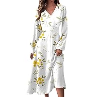 Women's 2024 Fall Midi Dress Casual Long Sleeve V Neck Floral Printed A Line High Waist Dress for Women