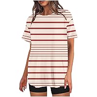 Women's Casual Striped Print T Shirts Summer Loose Fit Tees Color Block Tops Fashion Crew Neck Short Sleeve Blouses