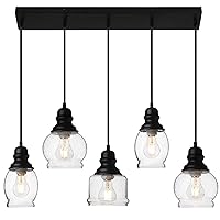 Pendant Lights Kitchen Island, 5-Light Dining Room Light Fixture with Seeded Glass Shade, Farmhouse Chandeliers for Dining Room Matte Black Finish Hanging Linear Chandeliers for Kitchen Island