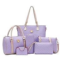 Women 6 Pcs Handbag Tote Stitching Shoulder Bag PU Top Handle Hobo Satchel Purse Clutch Wallet Key Holder