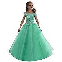 New Little Girls Pageant Dresses Off Shoulder Crystal Beads Coral Tulle Formal Party Dress