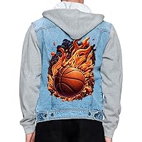 Fireball Men's Denim Jacket - Basketball Print Jacket With Fleece Hoodie - Themed Jacket for Men