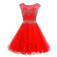 VeraQueen Women's A Line Beaded Homecoming Dress Short Tulle Sleeveless Cocktail Gown Red