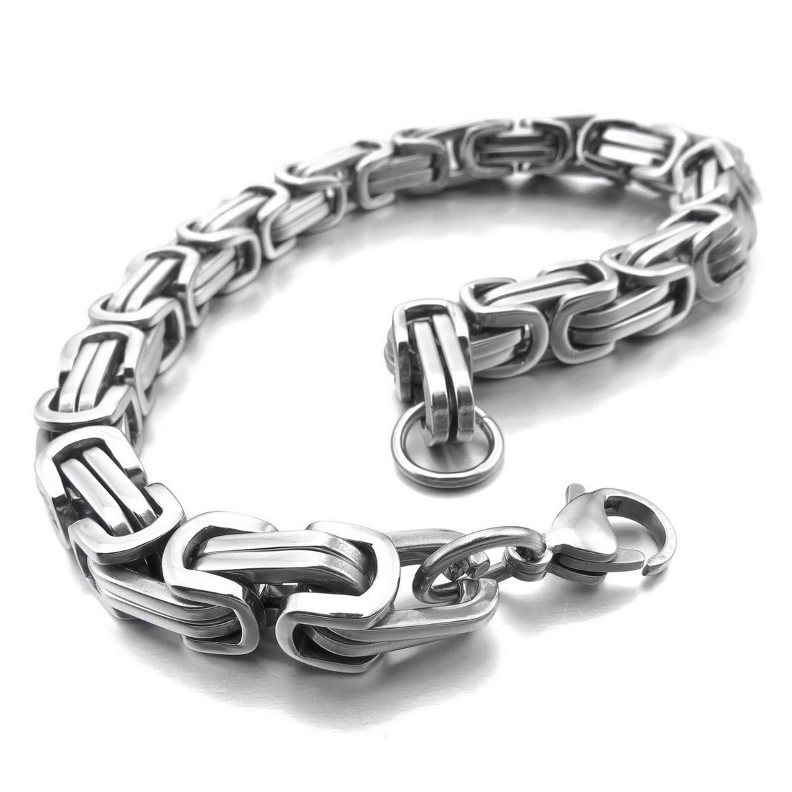 INBLUE 8mm Wide 316L Stainless Steel Bracelet Byzantine Link Chain Bracelet for Men Women Boys Water Resistance (5 Colors - Silver Black Gold Silver and Silver and Gold, 4 Lengths - 7.5