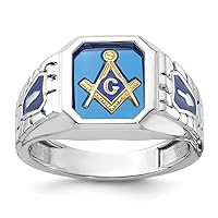 14k White Gold Mens Polished and Textured With Blue Enamel And Lab Created Sapphire Blue Lodge Maste Jewelry for Men