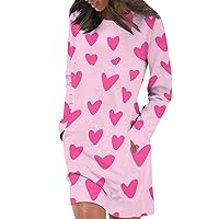 Women's Valentines Dress Long Sleeve Dress Heart Print Casual Tunic Dress Pullover Hip Pack Sweater Dress, S-3XL