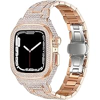 Diamond Watch Case+Metal Watch Strap Modification Kit，For Apple Watch 8 7 6 5 4 SE Fashion Business Band for Lady Women Girls，For Iwatch Series 44mm 45mm DIY