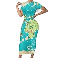 World Map Dress Women Long Tight Floral Dress Bodycon Dress Short Sleeve Vintage Maxi Dress 4XL