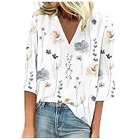 Women's 3/4 Sleeve Tops Summer Ladies Fashion V-Neck Tshirt Sexy Casual 2024 Shirt Floral Print Tunic Daily Blouse