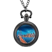 San Francisco at Sunrise with Bay Bridge Pocket Watch with Chain Vintage Pocket Watches Pendant Necklace Birthday Xmas