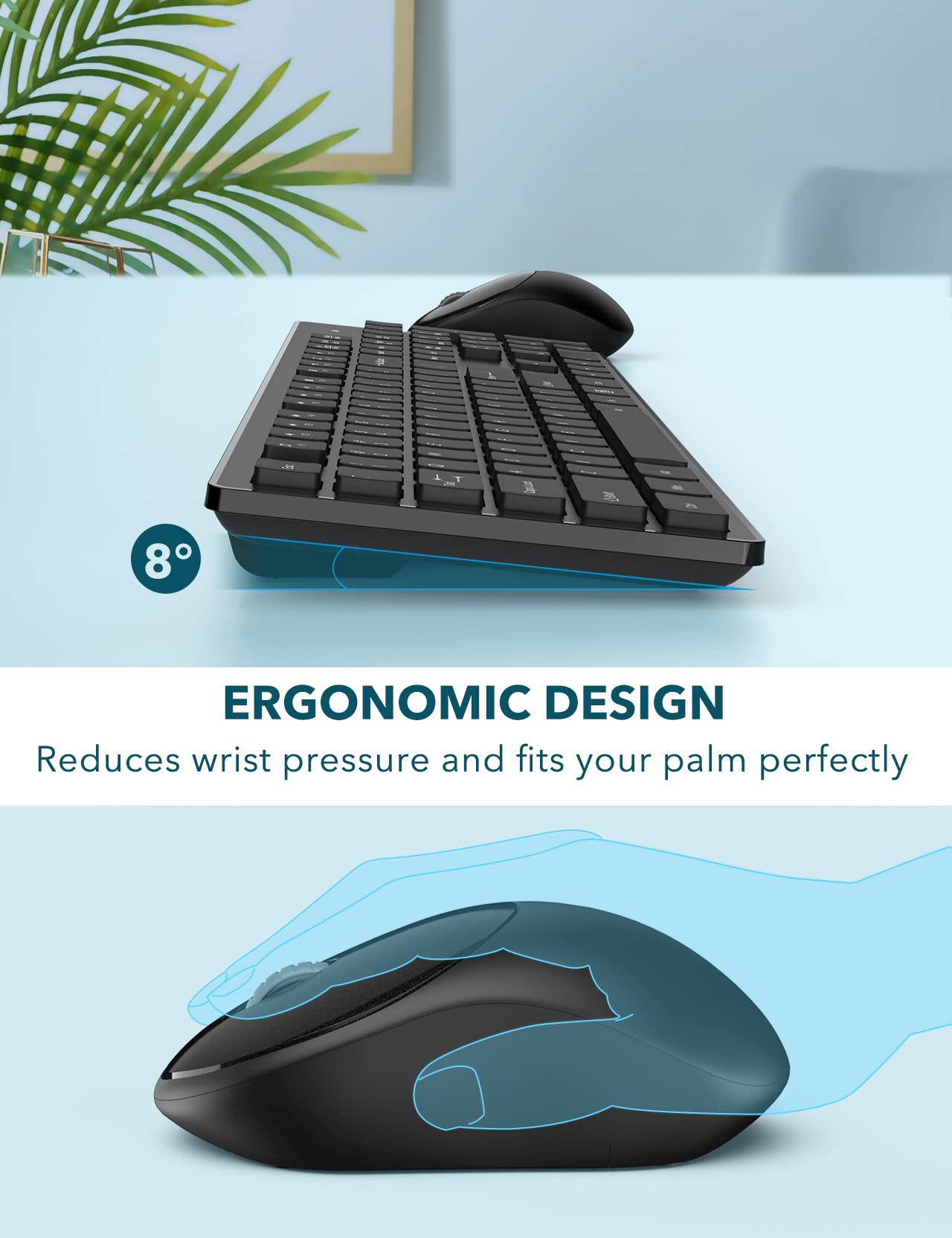 Wireless Keyboard and Mouse, WisFox USB Computer Keyboard with Silent Keys, Long Battery Life, 2.4GHz Full-Size Lag-Free Cordless Combo for PC Laptops Windows Mac Chrome OS (Black)