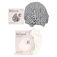 Kitsch Luxury Shower Cap (Stripes) and Microfiber Hair Towel Wrap (Ivory) Bundle with Discount